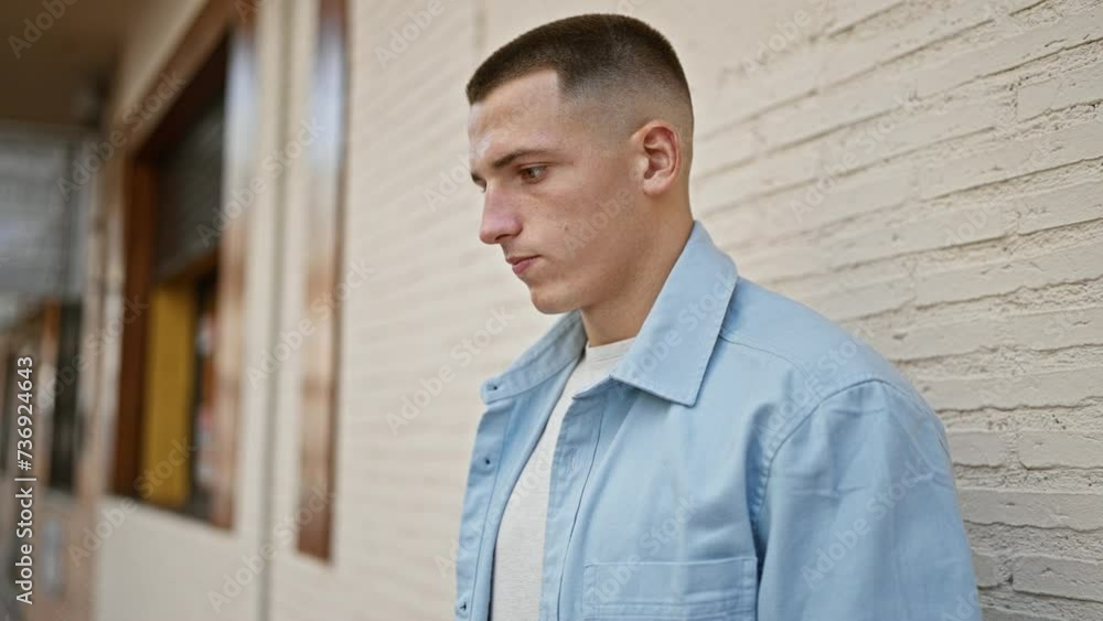 Thoughtful young hispanic man in casual blue attire standing against a textured white brick wall on an urban street. Thoughtful young hispanic man in casual blue attire standing against a textured white brick wall on an urban street.