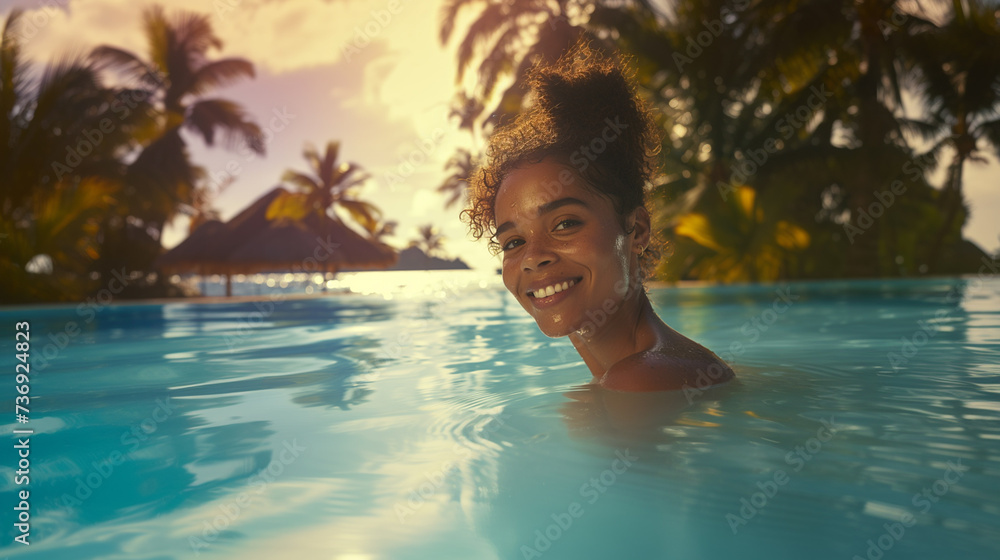 young adult woman on tropical island by the sea, swimming in the swimming pool of the hotel or villa, good mood smiling, vacation and leisure in the day, fun and joy