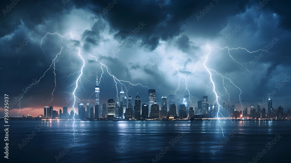 Obraz premium Lightning strike over the cityscape at night. 3D rendering