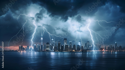 Lightning strike over the cityscape at night. 3D rendering photo