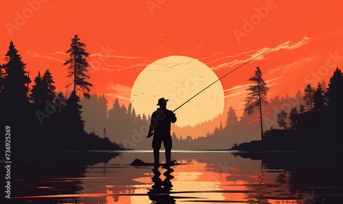 Illustration of the silhouette of a person fishing in a lake with an orange hue With a sunset view in the background. generative AI