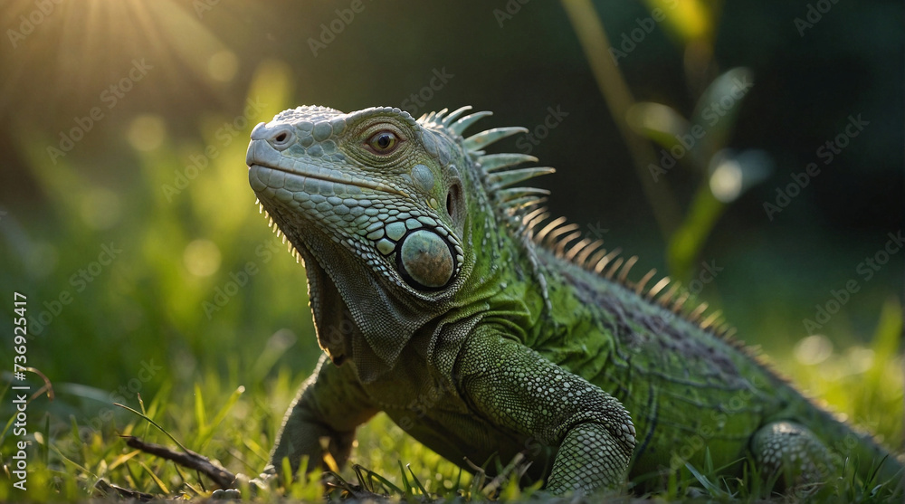 Fototapeta premium An adult green iguana is sunbathing in the grass on a sunny morning