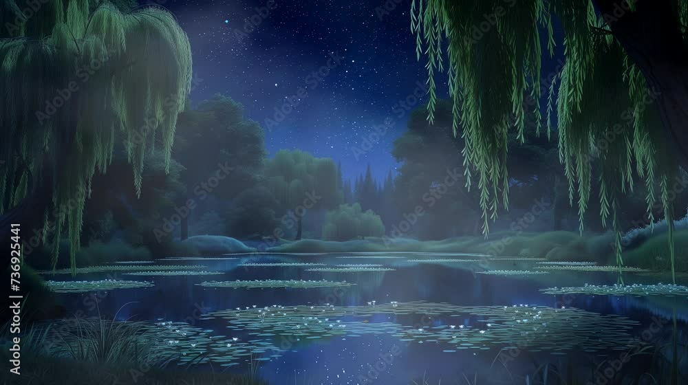 A serene misty pond surrounded by weeping willow trees. Fantasy ...