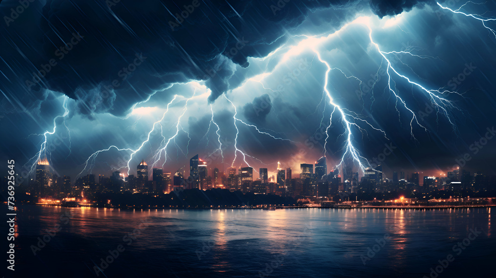Fototapeta premium Lightning strikes the city by the river. thunderstorm and lightning