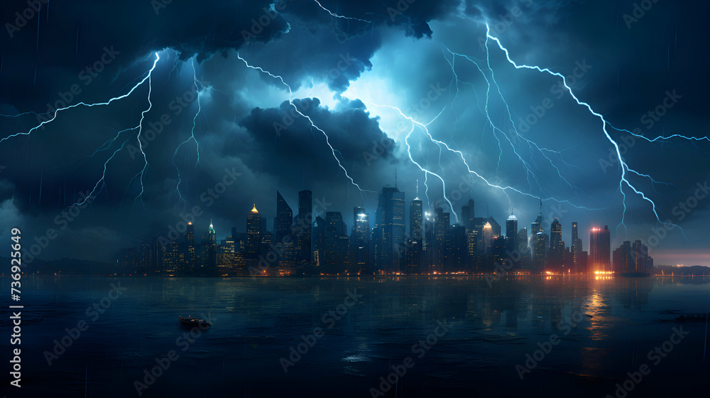 Fototapeta premium Thunderstorm over the city at night. 3d rendering toned image