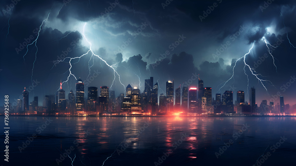 Fototapeta premium Cityscape at night with lightning and storm. 3D rendering.