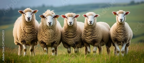 a herd of sheep standing next to each other in a grassy field . High quality