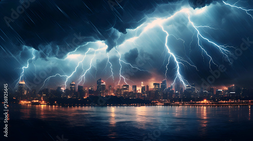 Lightning strikes the city by the river. thunderstorm and lightning