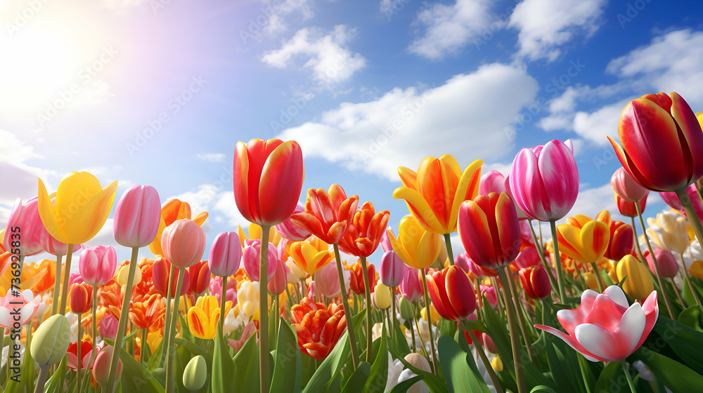 Tulips in the field on blue sky background. 3d render