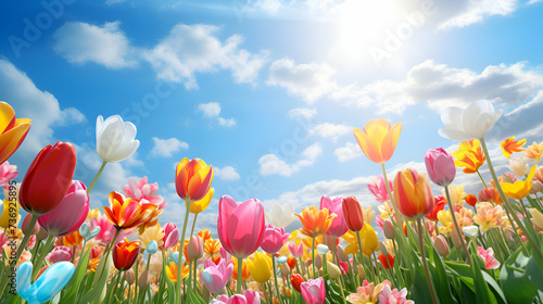 Tulip flowers in the field with blue sky and clouds background