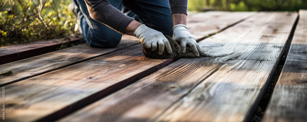Restore wooden terrace. Applying wood oil on wooden boards. Restore wooden terrace. Applying wood oil on wooden boards.