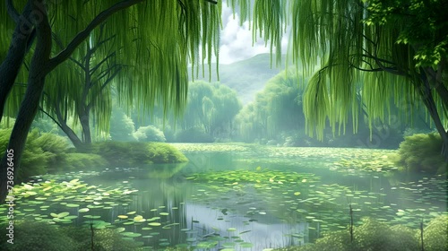 A serene misty pond surrounded by weeping willow trees. Fantasy landscape anime or cartoon style, seamless looping 4k time-lapse virtual video animation background photo