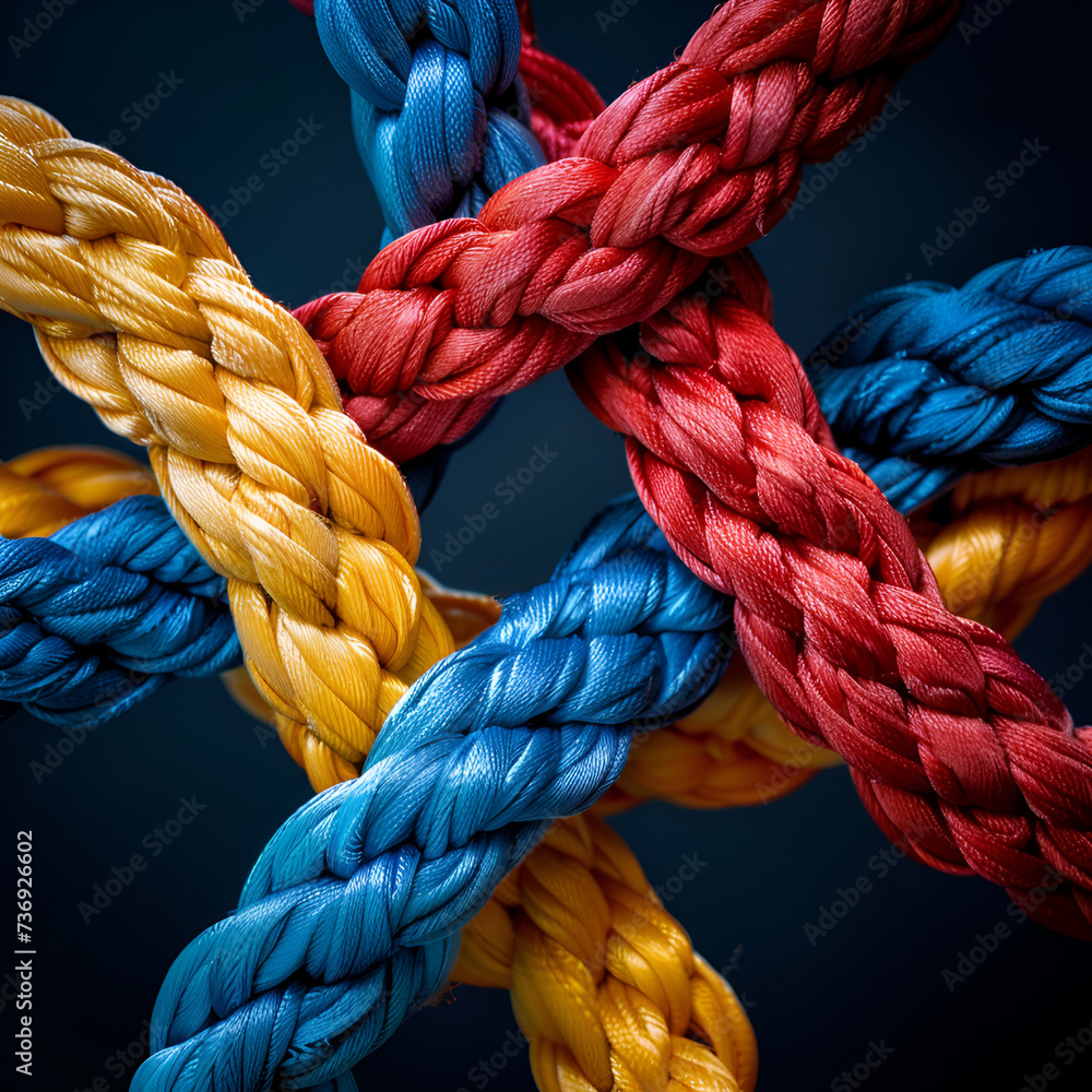 Knotted ropes, tug-of-war, diversity knitted ropes, unity and solidarity search concept Knotted ropes, tug-of-war, diversity knitted ropes, unity and solidarity search concept
