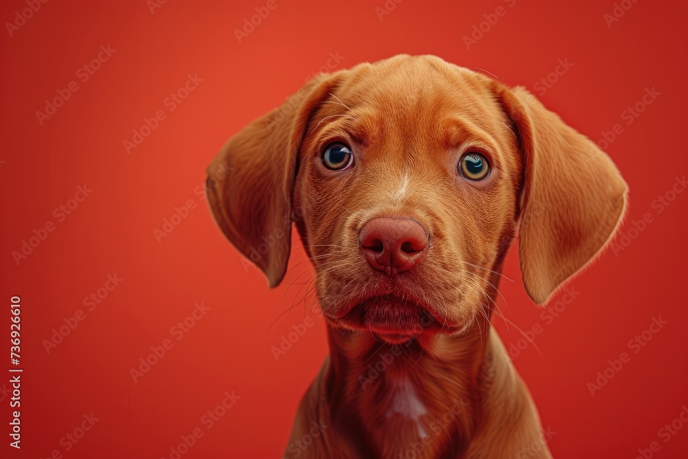 Brown Dog With Blue Eyes on Red Background