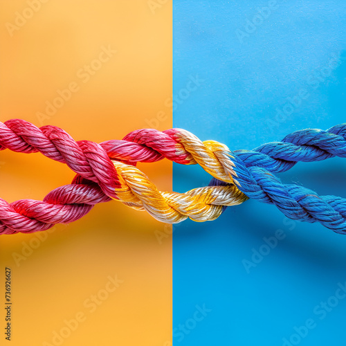 Knotted ropes, tug-of-war, diversity knitted ropes, unity and solidarity search concept 