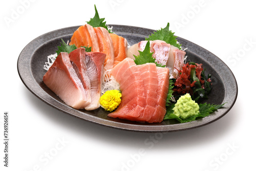 assorted sashimi; tuna(medium fatty), salmon, yellowtail, and sea bream. authentic Japanese dining isolated on white background.
