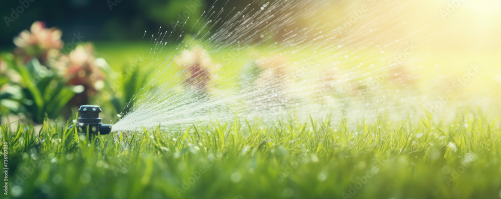 Watering the lawn at green park with sprinkler automatic device. - obrazy, fototapety, plakaty 