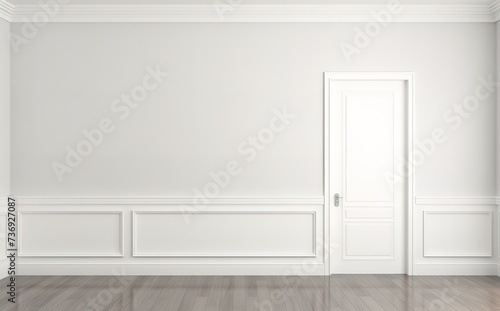An empty room with white paint and a door in it. generative AI