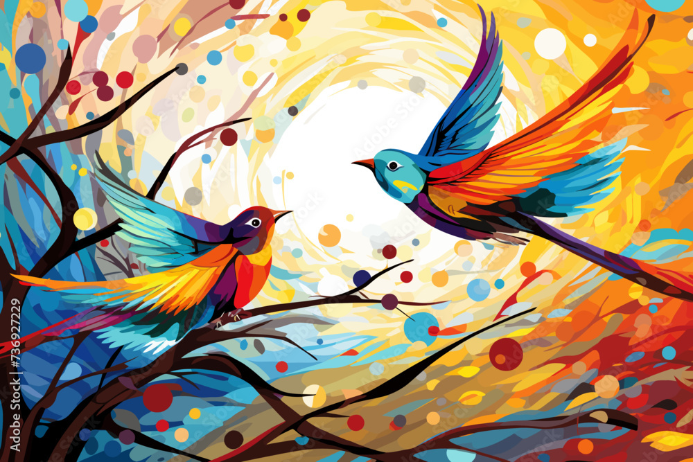 a painting of two colorful birds on a tree branch