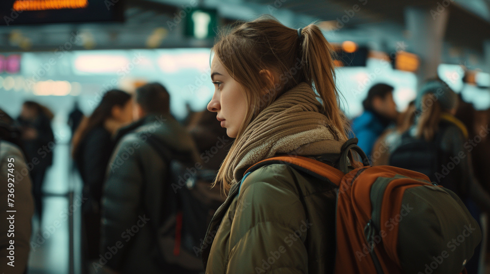 Everyday life as a teenage girl or young adult woman as a commuter on the way to school or work, student or traveling at the train station or airport