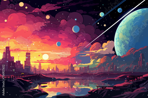 a painting of a city with planets in the sky