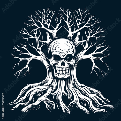 Haunting Tree with Skull - Black and White Gothic Art