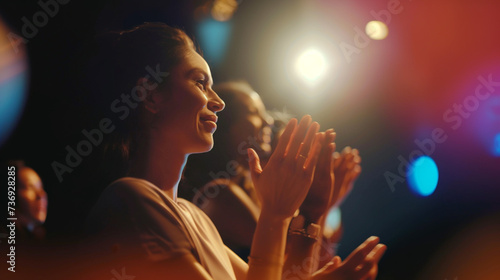 a concert or musical or theater or event and lecture, adult woman, age approx. 40, applauds, claps her hands, side view, caucasian, dark interior of the event