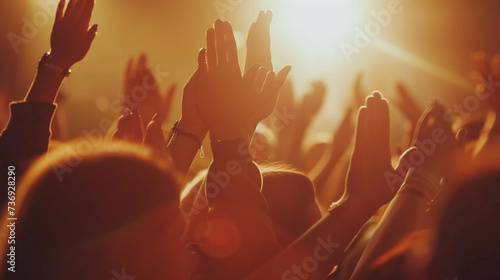 Concert or party, hands of concert goers from many people in the crowd, audience is celebrating and there is a good party atmosphere, background, fingers hands photo