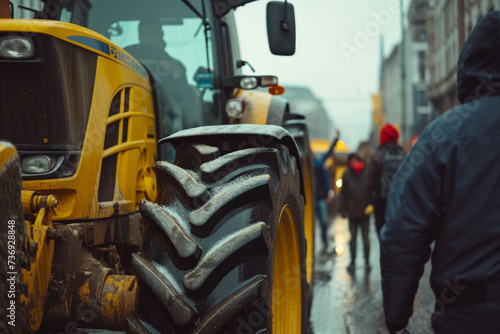 Agriculture workers protest rally and strike in city. People standing next to tractors and protesting against tax increases, changes in law, abolition of benefits on demonstration meeting in street © vejaa
