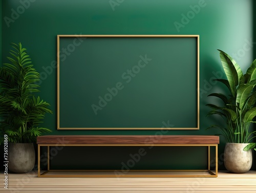 A wooden table  don t have an empty wooden frame on it. With a green wall background and green plant decoration beside it. generative AI
