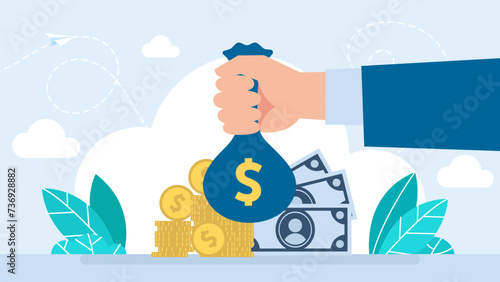 Business man hand with bag and coin money. Saving money concept.  Return on investment. Banknotes and pennies. Income and compensation. Money bag icon with a dollar sign in hand. Vector illustration