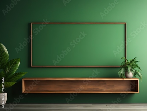 A wooden table, don't have an empty wooden frame on it. With a green wall background and green plant decoration beside it. generative AI