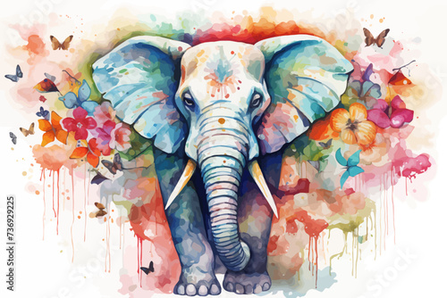 a painting of an elephant with flowers and butterflies around it