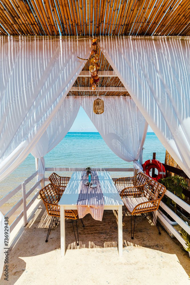 Paradise restaurant on tropical seashore. Zakhyntos, Greece.