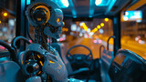 a humanoid android robot with artificial intelligence, autonomous life form a machine a robot, everyday life, public road transport, bus or train