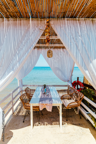 Obraz na płótnie Paradise restaurant on tropical seashore. Zakhyntos, Greece. w salonie
