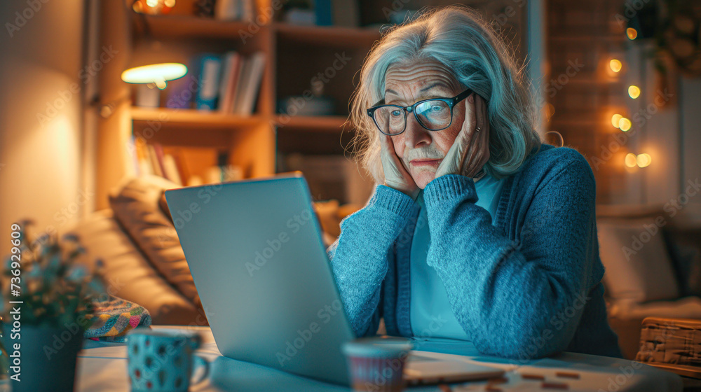 Elderly lady with glasses deeply focused on her laptop screen, surrounded by a cozy home environment. Elderly lady with glasses deeply focused on her laptop screen, surrounded by a cozy home environment.