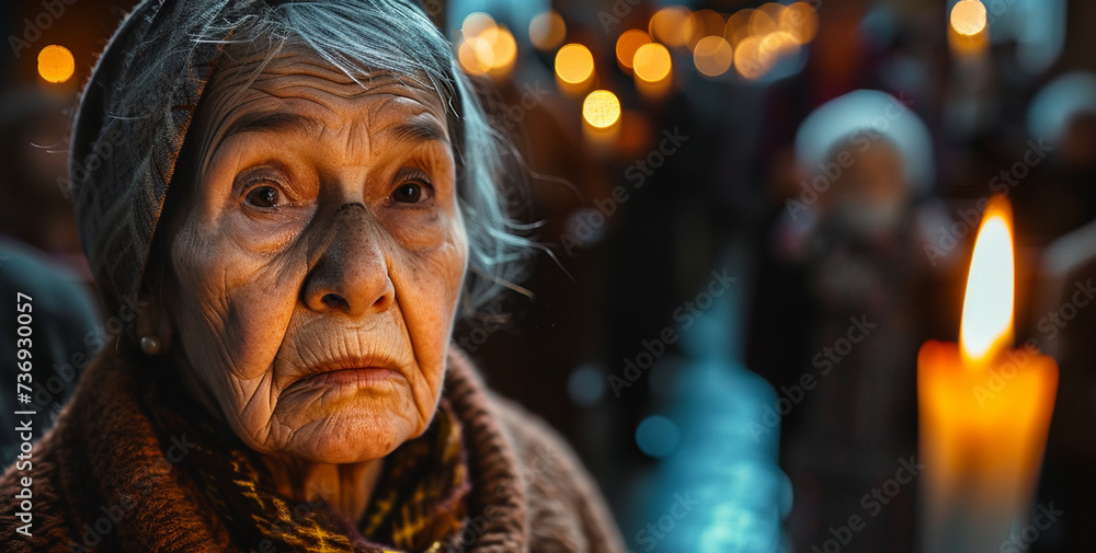 old woman, grandma, gray hair, short hairstyle, in a church or sect or town meeting, power outage or memorial event or apocalypse and seeking protection or regular church meeting old woman, grandma, gray hair, short hairstyle, in a church or sect or town meeting, power outage or memorial event or apocalypse and seeking protection or regular church meeting