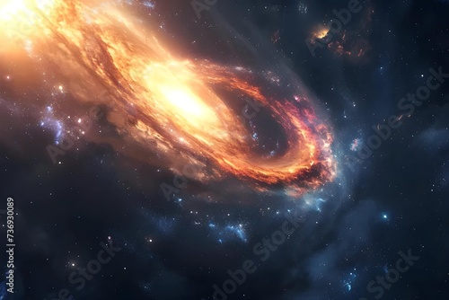 Stock image of a cosmic ballet between two galaxies merging, their gravitational dance creating new star formations, showcasing the universe's evolution.