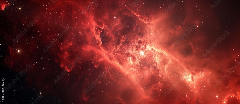 a red nebula in the middle of a dark space filled with stars . High quality