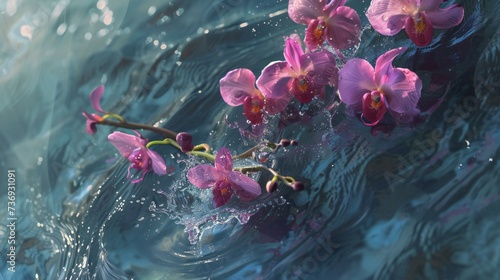 Paint a canvas of orchids falling from a riverfall, captured from above in breathtaking aerial shots photo