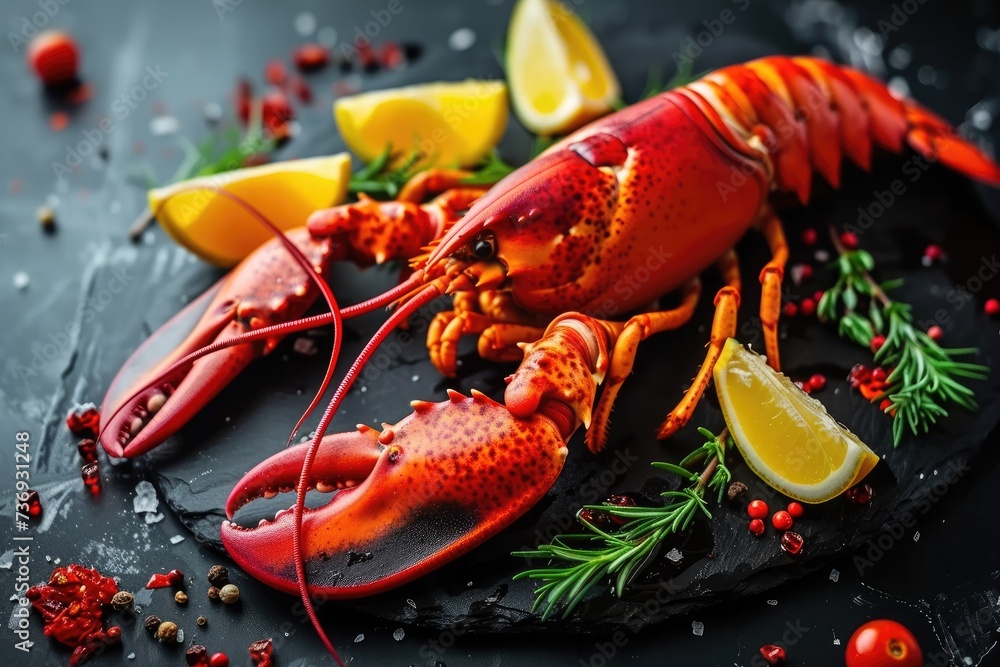 Boiled lobster with spices and herbs on black slate table. Sea food. Boiled lobster with spices and herbs on black slate table. Sea food.