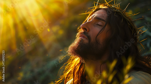 Jesus Christ is hopeless and unmotivated, long robe, fictitious place, tired and sad, disappointed and full of pain, faith and religion of Christianity photo