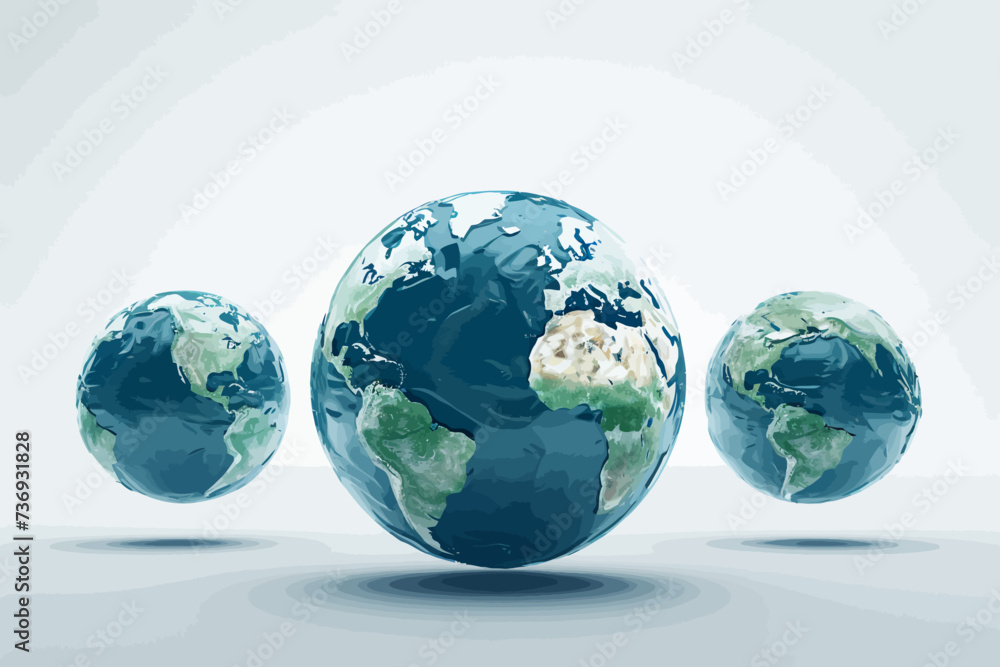 a group of three blue and green earth globes - obrazy, fototapety, plakaty 