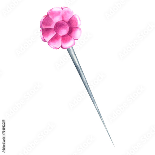 Sewing pin, pink, flower-shaped. Hand drawn watercolor illustration isolated on white background. Suitable for handmade logos, cards for creative people, packaging of sewing items, handicrafts.
