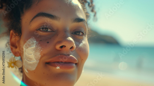 Applying sunscreen on sandy beach on tropical island, caucasian woman, travel and vacations, sun protection, fictional location photo