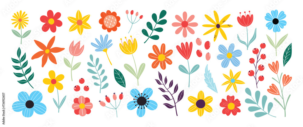 Collection of spring colorful flower elements vector. Set floral of wildflower, leaf branch, foliage on white background. Hand drawn blossom illustration for decor, easter, thanksgiving, clipart.