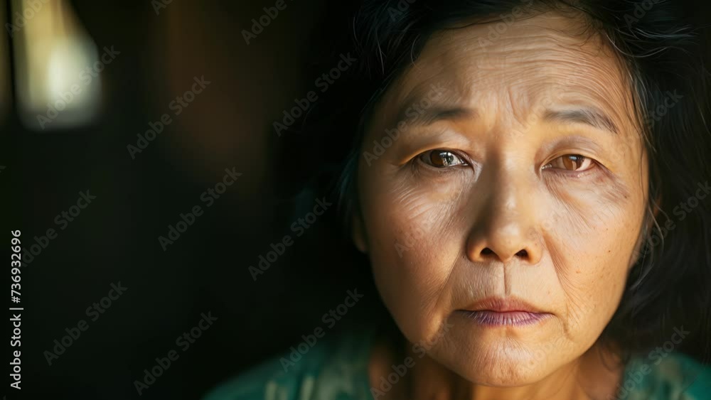 A middleaged woman of Asian descent stares into the distance with a look of sadness thinking of the intergenerational trauma inflicted upon her community during times of wa, female With Black Hair and A middleaged woman of Asian descent stares into the distance with a look of sadness thinking of the intergenerational trauma inflicted upon her community during times of wa, female With Black Hair and