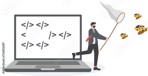 Programming debug search for application software bug and fix code concept, young nerd programmer, coder or software tester running from computer laptop using debugging tools to catch ladybugs.

