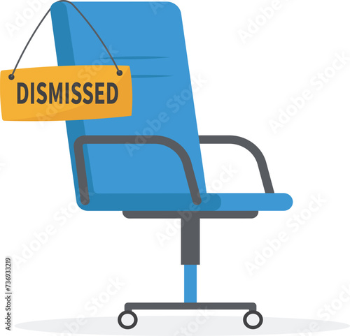 Dismissed staff, lay off or unemployed employee, losing job or being fired, retired staff, quit or resign from job position concept, office chair with package and dismissal sign.

